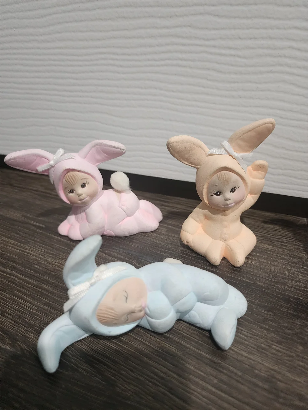 Vintage Hand Painted Ceramic Children Babies In Bunny Costumes Easter Figurines